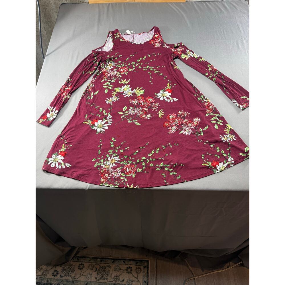 Floral Cold Shoulder Swing Dress Burgundy Long Sleeve Boho Tunic Dress XL